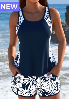 Mid Waisted Floral Print Navy Tankini Set