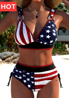 High Waisted American Flag Print Multi Color Bikini Set