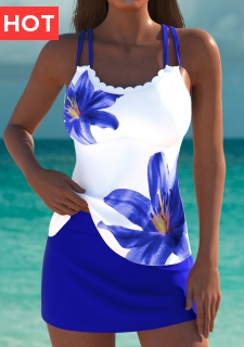Mid Waisted Floral Print Royal Blue Tankini Set