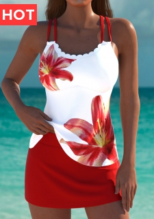 Mid Waisted Floral Print Red Tankini Set