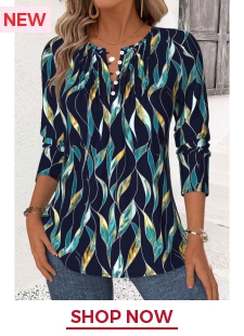 Navy Leaf Print Long Sleeve Split Neck Blouse
