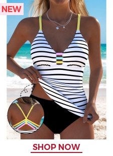 Striped Black Ruched Detail Tankini Top