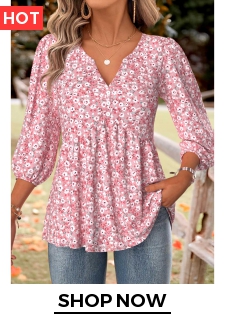 Pink Ditsy Floral Print 3/4 Sleeve Split Neck Blouse