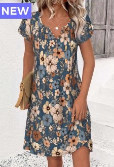 Multi Color Floral Print Short Split Neck Dress