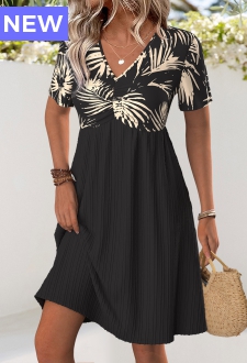 Black Leaf Print Short V Neck Dress