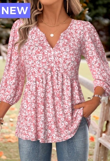 Pink Ditsy Floral Print 3/4 Sleeve Split Neck Blouse