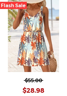 Multi Color Button Tropical Plants Print Short Strappy Dress