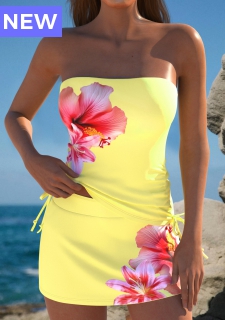 Mid Waisted Floral Print Yellow Tankini Set