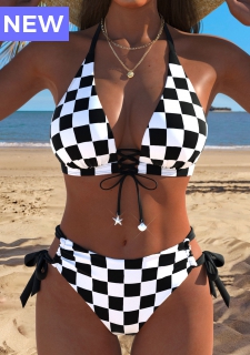 Mid Waisted Plaid Black Bikini Set