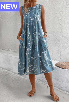 Dusty Blue Plants Print A Line Sleeveless Dress