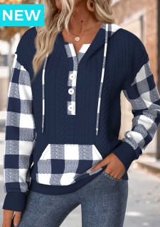 Navy Tummy Coverage Plaid Long Sleeve Hoodie