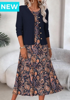 Navy Tummy Coverage Paisley Print Dress and Cardigan