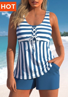 Lace Up Striped Blue Tankini Set