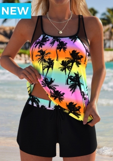 Tummy Coverage Mid Waisted Tropical Plants Print Tankini Set