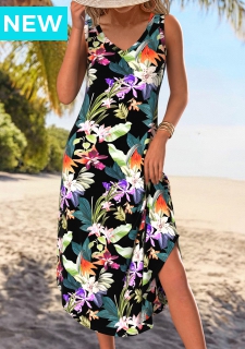 Black Tummy Coverage Floral Print A Line Sleeveless Dress
