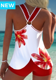 Circular Ring Mid Waisted Tropical Plants Print Tankini Set