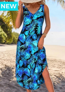Blue Tummy Coverage Leaf Print A Line Sleeveless Dress