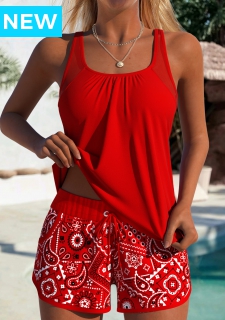 Tummy Coverage Mid Waisted Paisley Print Red Tankini Set