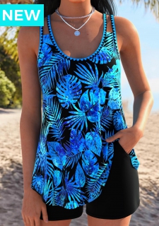 Tummy Coverage Blue Tropical Plants Print Tankini Set