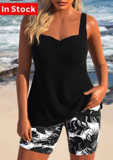 Surplice Feathers Print Black Tankini Set