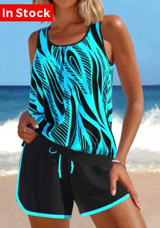Tummy Coverage Mid Waisted Geometric Print Cyan Tankini Set