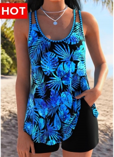 Tummy Coverage Blue Tropical Plants Print Tankini Set