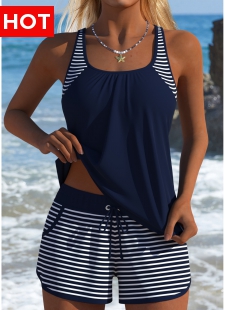 Tummy Coverage Mid Waisted Striped Navy Tankini Set