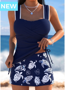 Tummy Coverage Navy Marine Life Print Tankini Set