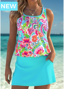 Tummy Coverage Mid Waisted Tribal Print Cyan Tankini Set