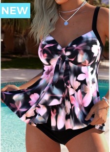 Tummy Coverage Mid Waisted Floral Print Pink Tankini Set