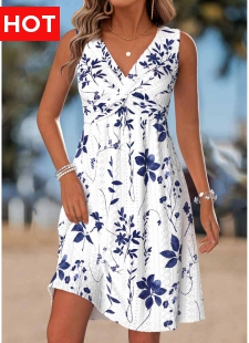 White Tummy Coverage Leaf Print Short Sleeveless Dress