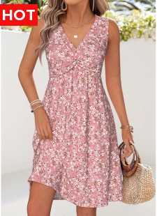 Dusty Pink Tummy Coverage Ditsy Floral Print Short Dress