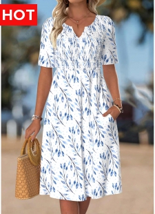 White Leaf Print Smocked Short Sleeve Split Neck Dress