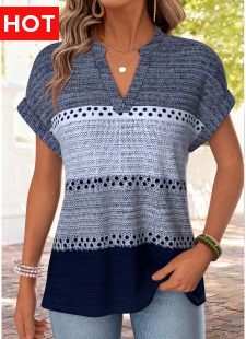 Blue Striped Short Sleeve Split Neck T Shirt