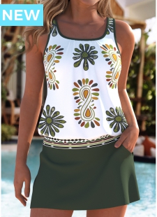 Blackish Green Mid Waisted Two-piece Tribal Print Tankini Set