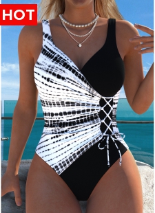 Pull On Tie Dye Print Black One Piece Swimwear