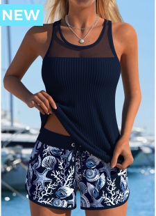 Tummy Coverage Mid Waisted Tribal Print Navy Tankini Set