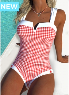Red Plaid Bandeau One Piece Swimwear