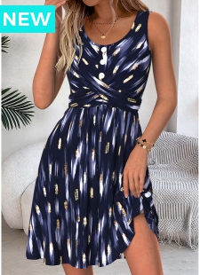 Navy Tummy Coverage Geometric Print Short Sleeveless Dress