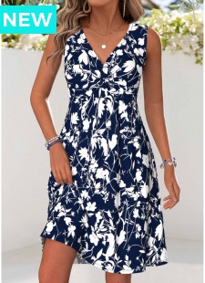 Navy Tummy Coverage Floral Print Short Sleeveless Dress