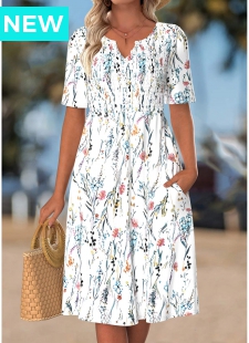 White Floral Print Smocked Short Sleeve Split Neck Dress