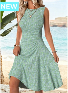 Cyan Shirred Sleeveless Round Neck Dress