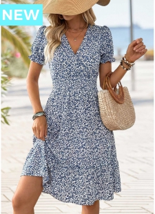Navy Ditsy Floral Print Tummy Coverage Short Sleeve Dress