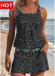 Black Mid Waisted Two-piece Polka Dot Tankini Set