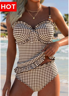 Light Coffee Mid Waisted Frill Plaid Tankini Set