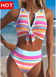 Multi Color Mid Waisted Two-piece Striped Bikini Set